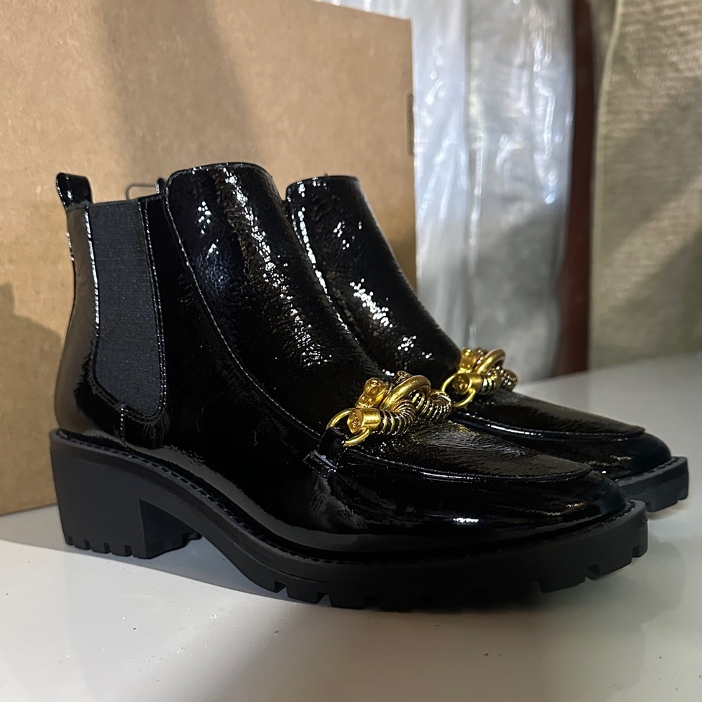 Tory Burch Black Heeled Boots with Gold Chain